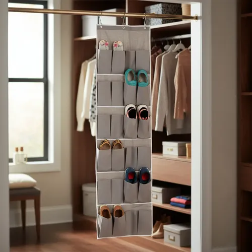 Organizador Sapatos Sapateira Vertical Atrás Porta 24 Bolsos Cor Cinza