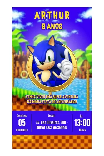 Convite de Aniversário Sonic - 12 Unidades