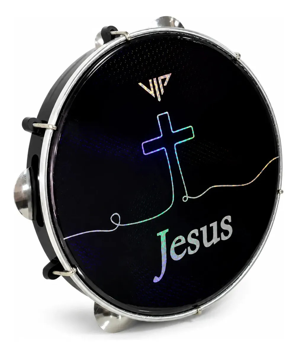 Pandeiro Profissional 10 Pele Holográfica Jesus Corpo Abs Cor Preto