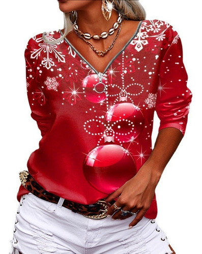 Camiseta De Cuello En V Con Estampado Navideño