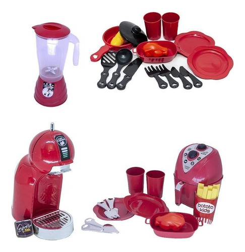 Kit Cozinha Brinquedo Cafeteira Vermelho Air Fryer Louça 27p