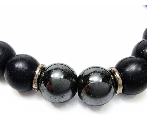 Pulsera Hombre Piedra Negra Con Hematite Y Dije Esfera