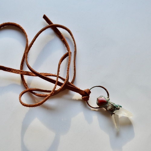 Collar Piedras Cuarzo Cristal Y Jaspe Rojo, Cuero, Cod1