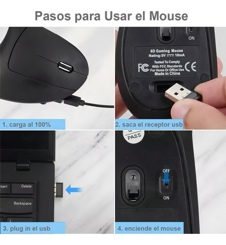 A Ratón Vertical Inalámbrico Ergonómico Recargable 2,4 G
