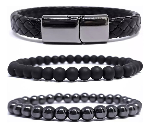 Kit 3 Pulseiras Masculinas Couro Hematita Bolinha Preta 8mm