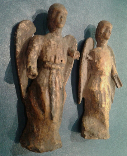 Par De Antigua Talla Madera Escultura Santo  Arcangel Angel