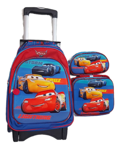 Kit Morral Cars Con Ruedas + Lonchera Termica 