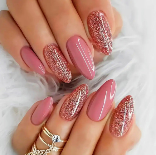 24 Pz Uñas Tips Nails Almendra Lisas Rosa Brillosas Press On Rosa Colores Mixtos