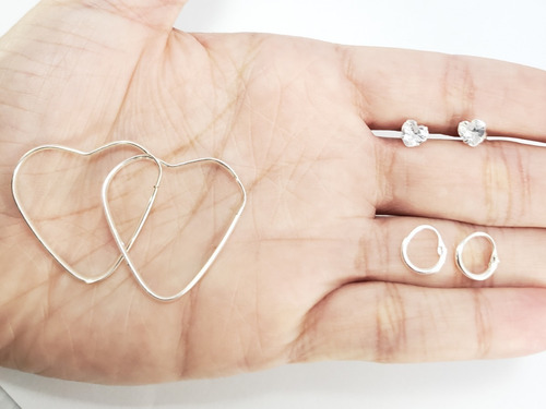 Trio Conjunto Brinco Argola Coração Pedra Zirconia Prata 925