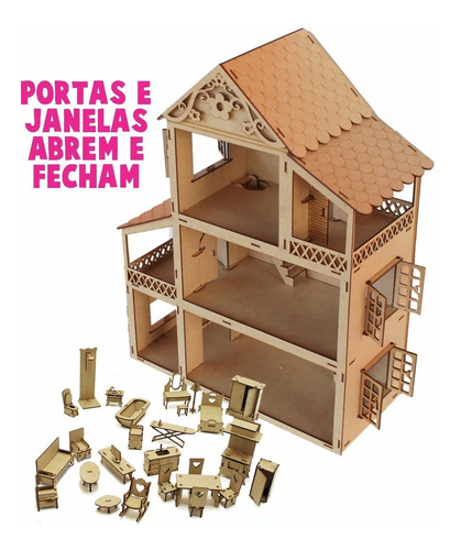 Imagem 1 de 6 de Casa Casinha Boneca Polly +34 Mini Móveis +nome Mdf Cru