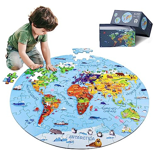 World Map Jigsaw Puzzle For Kids 4-8, 70 Piece Globe La...