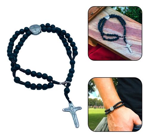 Pulseira Terço Medalha Das Duas Cruzes Preto Fosco