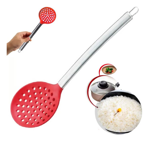 Escumadeira De Silicone Cabo Aço Inox 34cm Pegador Servir