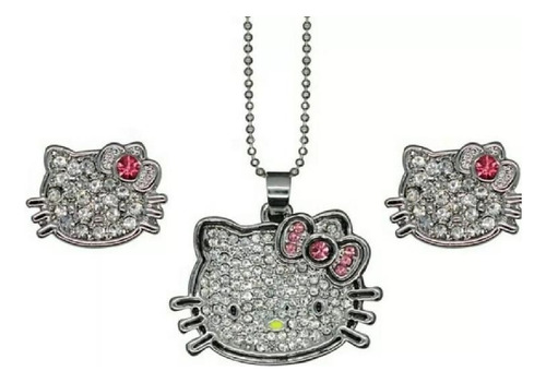 Set Collar Y Aretes Plateado Hello Kitty