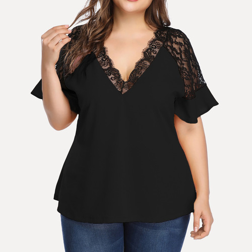 Playera De Mujer, Talla Grande, De Chifón, Cuello En V, Enca