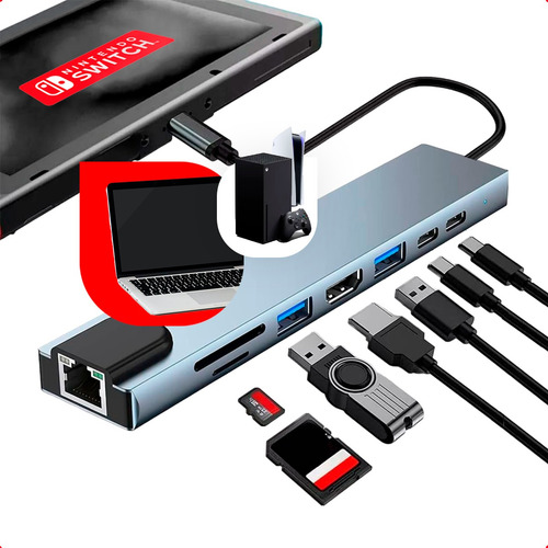 Adaptador Hub Macbook Air M1 M2 E Pro 8 Em 1 Usb-c Hdmi 4k