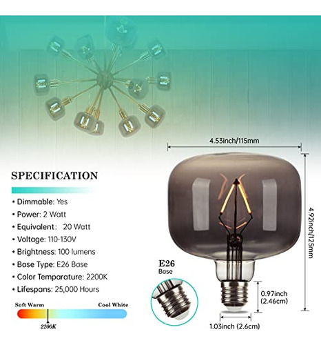 Amdtu Bombilla Led Edison Grande De Color Gris Ahumado Regul