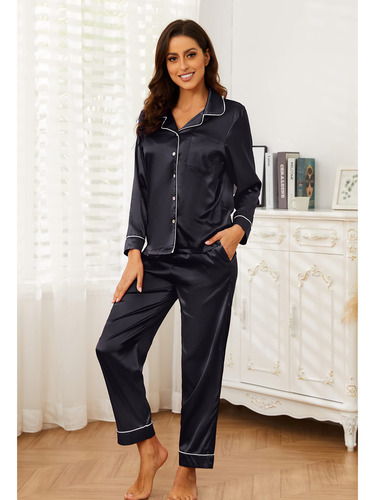 Conjunto De Pijama Mujer Manga Larga Seda Satén Y Pantalones