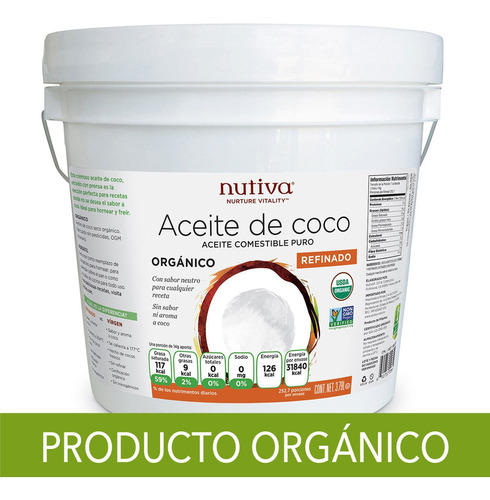 Imagen 1 de 3 de Aceite Comestible De Coco Orgánico Refinado 100% Puro Neutro