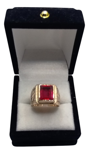 Anillo Caballero Oro 10k, Circonia Roja Rectangular