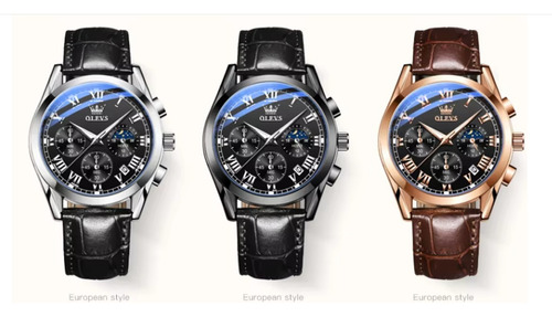 Reloj Olevs 2871 Hombre Cuero Hebilla Doble Negro Negro Negro