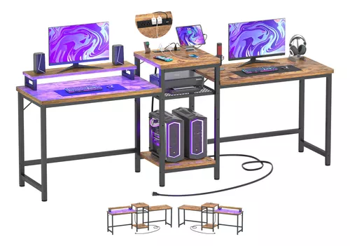 Escritorio para computadora en forma de L con tira LED y tomas de corr -  VIRTUAL MUEBLES