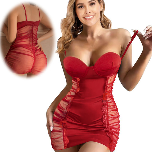 Lencería Babydoll Encaje Vestido Camisón Con Tanga