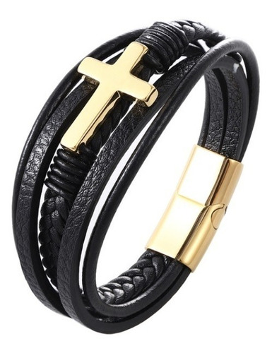 Pulsera Cruz Cuero Gold Dorado Hombre Moda 2020