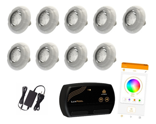 Kit Led Piscina Com Módulo Wifi Luxpool + 9 Leds Rgb + Fonte
