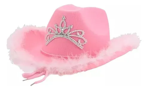 Sombrero Cowboy Rosa Tiara Plumas Disfraz Barbie Vaquera