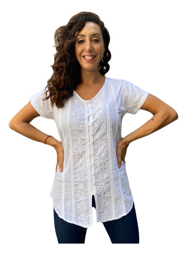 Camisa Blusa Blanca Algodon Batista Hindu Bordada Grande