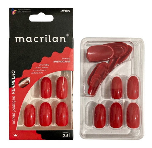 Unhas Postiças Modelo Amendoado Médio Vermelho - Macrilan Liso