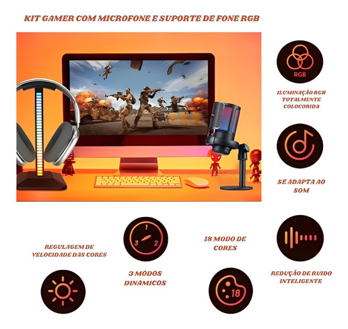 Kit Microfone De Mesa E Suporte Led Rgb P/ Headset Gamer Cor Preto