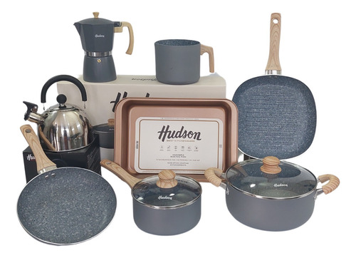 Juego Ollas Hudson Gray Cafetera 9 Posillos Y Pava Silbadora