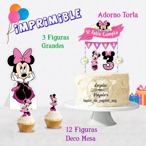 Cake Topper Imprimible Personalizado Minnie Rosa