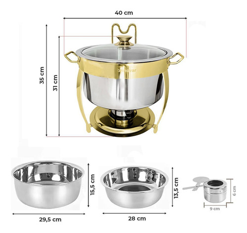 Rechaud Dourado Redondo Banho Maria Inox Brinovar 8 Litros