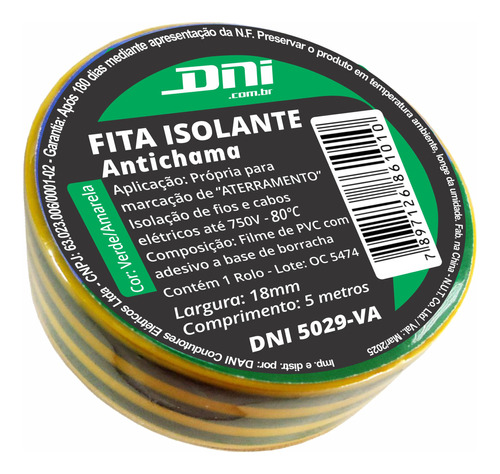 Fita Isolante 5m Antichama Amarela E Verde - Dni 5029va