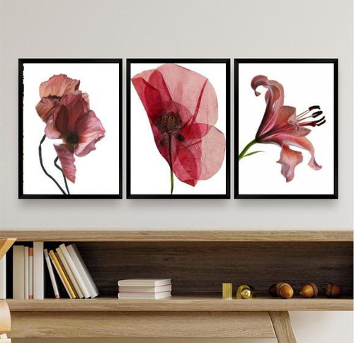 Set de 3 marcos decorativos modernos con flores, color vino de Marsala
