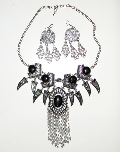 Impresionante Collar+aros Colgante Piedras Plateado