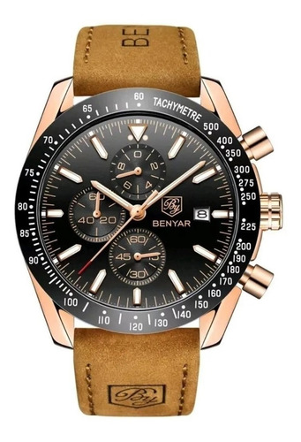 Reloj Benyar 5140 para hombre, correa de piel rosa negra, color marrón