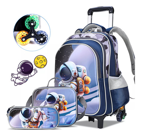 Kit De Mochila Escolar 3d Moda Para Niña Y Niño Con 6 Ruedas, Mochilas Impermeable Con Bolsa De Almuerzo Y Bolsa De Papelería, Mochilas Trolley