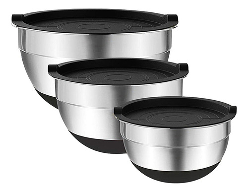 Set De 3 Bowls De Acero Inoxidable Con Tapa, Antideslizantes