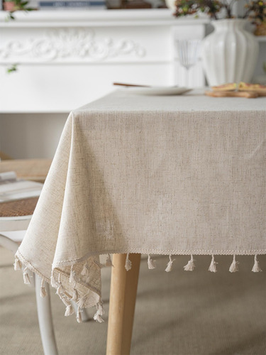 Mantel Rectangular De Lino Con Flecos Beige Vintage