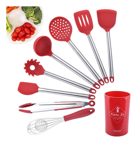 Kit 8 Utensílios Para Cozinha De Silicone E Aço Inox