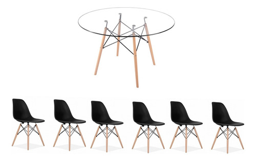  Juego Comedor Mesa Redonda Vidrio 100cm + 6 Sillas Eames Ct