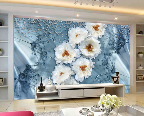 Imagem 1 de 6 de Painel Mural Adesivo De Parede Luxo Floral Joias Azul 1m²