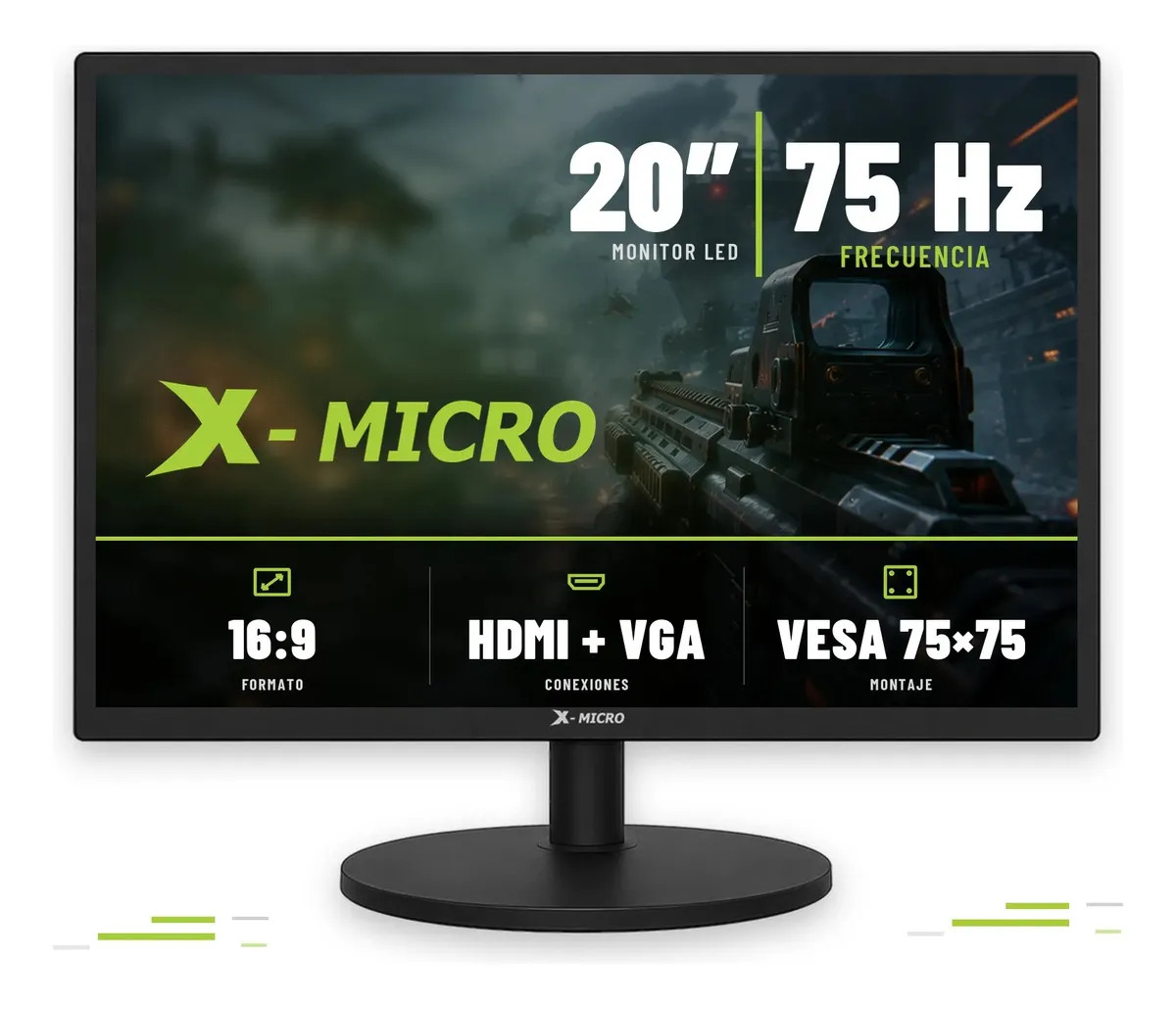 Monitor Gamer X-Micro LED de 20" para PC, 75Hz con HDMI y VGA