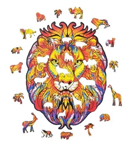 Espectacular Puzzle Madeira, Leão colorido, formas de animais