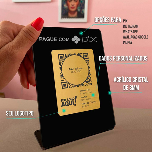 Placa Acrílico Preto C/ Dourado Pix, Whatsapp, Google, Wifi