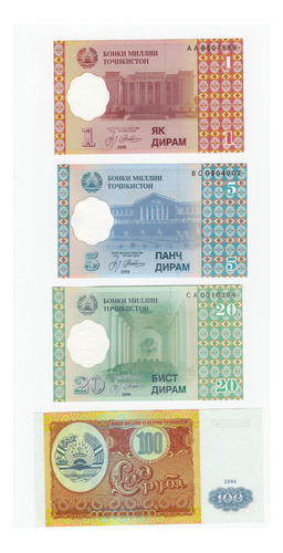 Tajikistan - Lote 4 Billetes Diferentes 1994-1999 - Unc